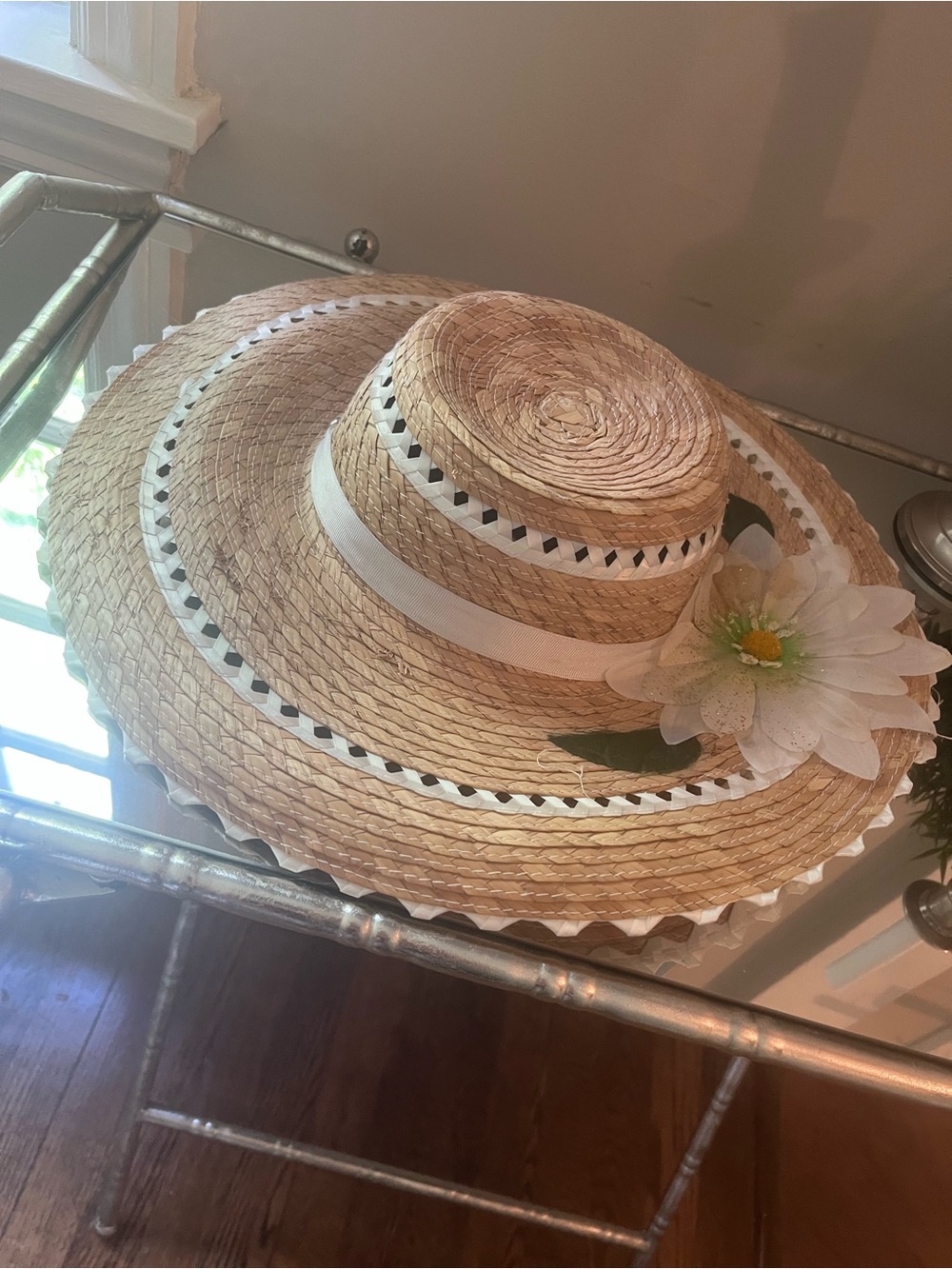 Straw Wide-Brim Sun Hat with White Ribbon & Flower